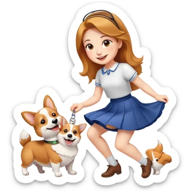 A beautiful girl with fair skin wearing a skirt and happily playing with corgi sticker