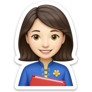 Teacher emoji but : wavy (not straight) dark brown hair, light skin, no glasses, dark eyes, with a computer folder in the hand (color is yellow), being a teacher, wearing a chinese qipao ( dark blue), smile with teeth




 sticker
