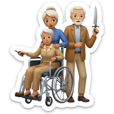 Woman with a knife in one hand, pushing with the other a wheelchair with an old man sticker