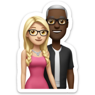 White blonde long hair woman pink dress no glasses  with no glasses in a pink dress and diamond necklace standing next to emoji black man with glasses wearing red shirt glasses standing next to white eoman sticker