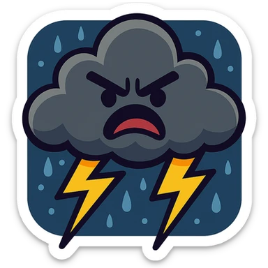 furious thunderstorm cloud, cartoon style, furrowed eyebrows, yellow lightning, dark blue background sticker