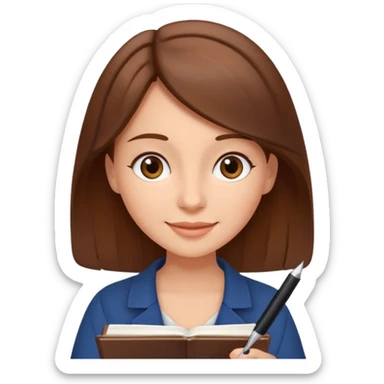 happy woman with brown hair writing a book sticker