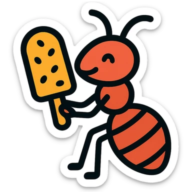 icon of an ant eating passion fruit ice cream, clean lines, minimal details sticker