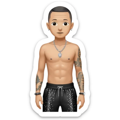 Chester Bennington with black sequin baggy pants, shirtless with necklace sticker