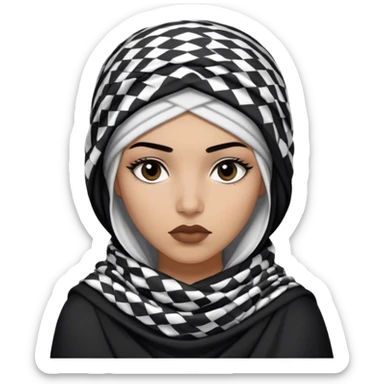 The image features a young woman wearing a black and white keffiyeh wrapped around her head and draped over her shoulders. She has a serious yet confident expression, with full lips slightly pursed and lashes. Her outfit consists of dark clothing.  sticker
