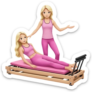 long haired blonde pilates instructor teaching reformer in pink set white reformer bed sticker