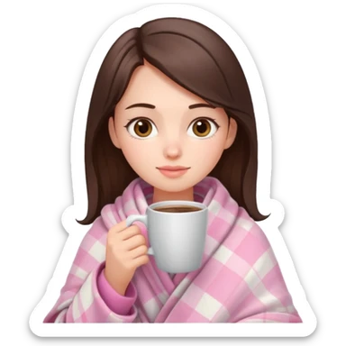 cute brunette girl wrapped in pastel pink plaid blanket drinking coffee sticker