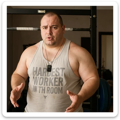 Create a realistic version of the man in the reference photo with a muscular physique and visible fat on the back and hips, maintaining the original pose. sticker