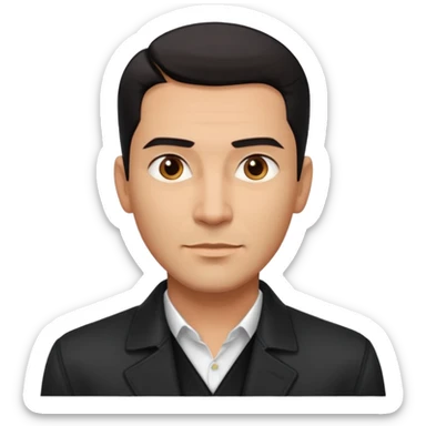 Attractive Hispanic TV host in his mid to late 40s with light brown skin, short straight black hair slicked back with fade on sides, square handsome face with strong jawline, friendly approachable expression, wearing open black jacket revealing white buttoned shirt underneath sticker