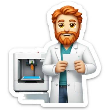 A red-bearded cat engineer in a lab coat holds a white piece of paper next to a 3d printer. sticker