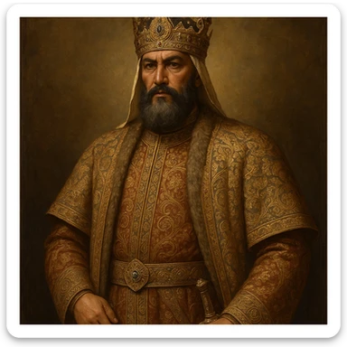 ancient Turkish Seljuk emperor, regal attire, ornate crown, historical accuracy, intricate patterns, majestic pose sticker