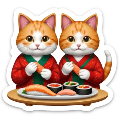 2 cats in christmas sweaters eating sushi sticker