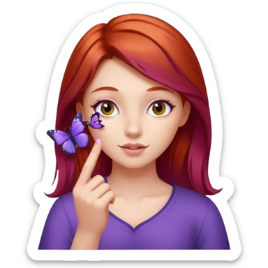 red haired girl finger holding purple butterfly sticker