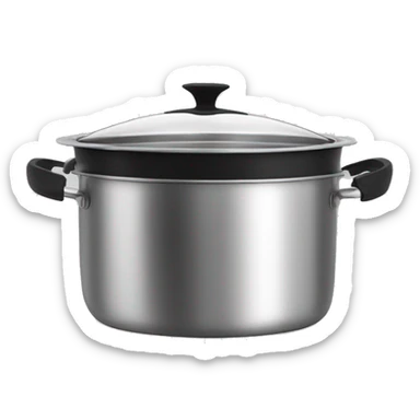 Stainless steel pot with black handlers, food inside, cover at the side  sticker