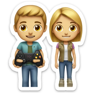 Brother and sister playing a video game sticker