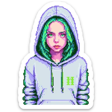 pixel art portrait of Billie Eilish, neon green highlights, hoodie, minimalist style, pop music vibe sticker