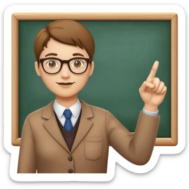 Teacher with glasses pointing at a chalkboard sticker