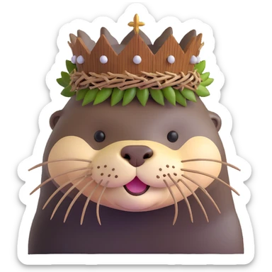 really cute confused otter face portrait with simple wooden thorny stem wrapped horizontally around its forehead like Jesus Crown of thorns, no metal, natural wood thorns, portrait painting style sticker