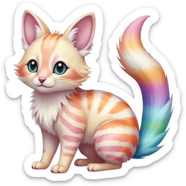  Realistic cute adorable pastel-iridescence-gradients albino fur with random colorful iridescent rainbow markings beautiful elegant pretty precious cute  Fakémon-Pokémon-opossum-feline-serval-caracal-chinchilla-Minccino-hybrid-creature with a big fluffy bushy striped tail (full body) sticker