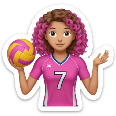 joueuse de volley ball blanche avec des cheveux longs boucles brune avec maillot rose numero 7 et une balle rose debout buste  sticker