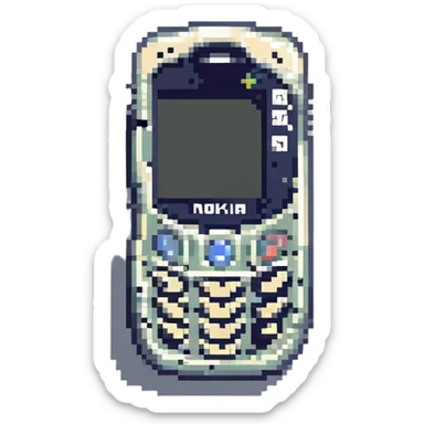 Nokia 3310 phone, pixel art style, with a cracked screen sticker