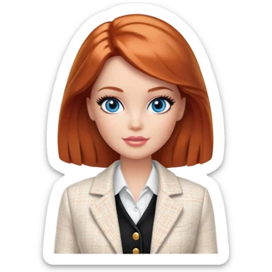 A Barbie girl with blue eyes, shoulder-length reddish-brown hair with makeup, wearing a white tweed jacket and a black skirt stands with hiskin orange cream sticker