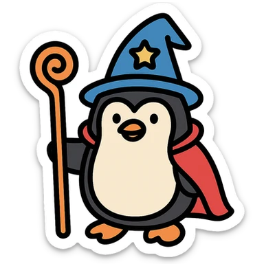 color outline icon of a penguin wizard holding a staff sticker