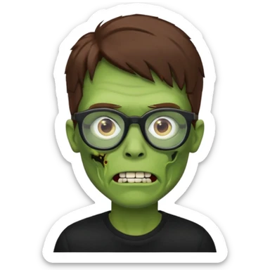 Green zombie, brown hair, black glasses, black shirt. iOS style. sticker
