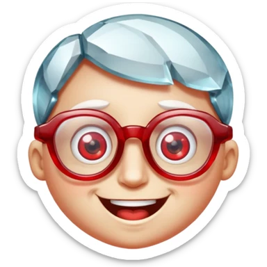 A single crystal gemstone character wearing glasses, chunky and irregular with faceted very sharp sides, [red], big glossy eyes behind the glasses and a wide happy smile, , high detail, soft lighting, centered on a plain dark background sticker