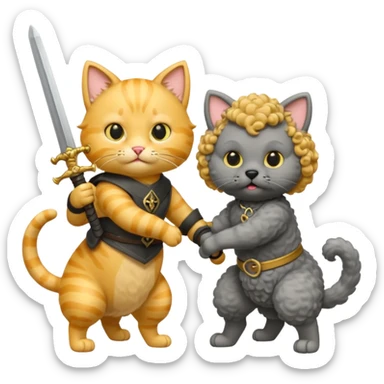 Yellow cat holding a sword. Grey poodle holding a sword. Both fighting each other.  sticker