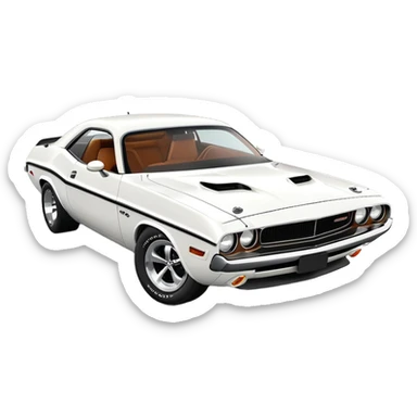 Anatomically correct white 1971 Dodge Challenger muscle car, proper 30-degree angle view, maintaining authentic proportions and structure, highly detailed but minimalist, pure white exterior, iOS emoji style sticker