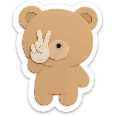 Update the eyes and nose/mouth area of the bear head with peace sign hand gesture to match exactly the color and features of the reference image. Keep all other features, colors, and the paper craft style unchanged. Clean lines, transparent background. sticker
