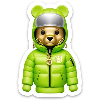 professionally designed bearbrick collectible with precise proportions, lime green balaclava with seamlessly integrated reflective visor lens, high-end branded puffer coat with rich fur collar and prominent designer logo, detailed gold chains, hypebeast aesthetic sticker