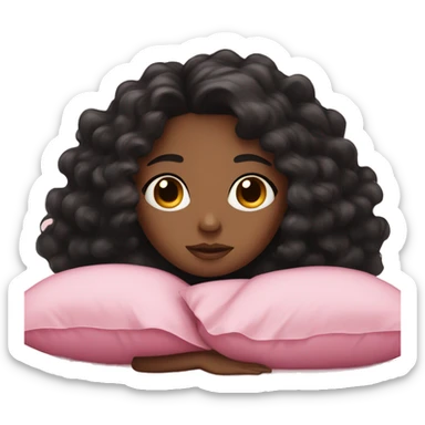 A girl with brown skin with curly and black hair sleep with pink bed cover sticker
