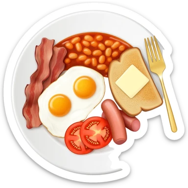 English breakfast full English breakfast with eggs, bacon, sausage, beans, toast, and tomato оn a beautiful white plate with a gold fork sticker