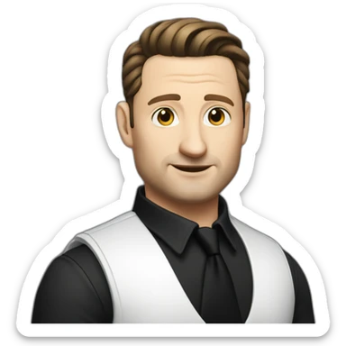 tim robinson dark slicked back hair white shirt, black vest sticker