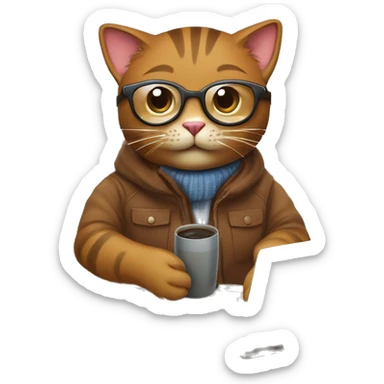 Create an emoji of a happy brown cat with computer glasses, typing on a computer and taking notes. The cat is sitting on an ergonomic chair, with a coffee mug, a potted plant, and wearing a winter jacket because the office AC is cold. sticker