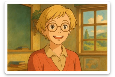 Retrato de profesora rubia, pelo corto, gafas redondas, muy sonriente, estilo ghibli sticker