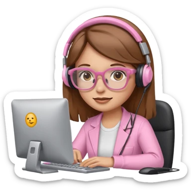 woman emoji with light pink glasses working on computer, light skin, long medium brown hair sticker
