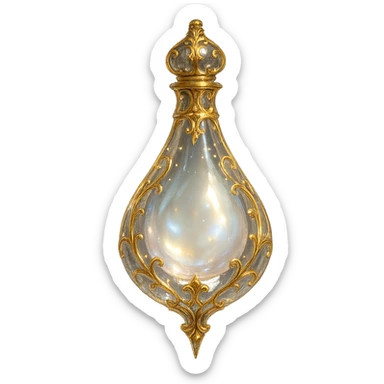 very luxurious crystal tear-shaped elixir bottle, transparent with pearlescent tear-shaped filling inside, lots of glowing, edges, ornaments, golden details, magical effects, very small golden neck, transparent background, beautiful merging bottom, clearly hanging in the air, no base or shadow, premium class, subtle, matching a collection sticker