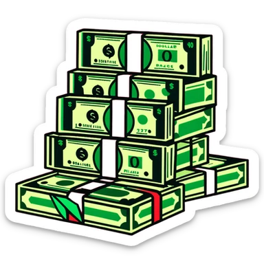 green upward arrow next to progressively taller stacks of dollar bill packs wrapped with bands sticker