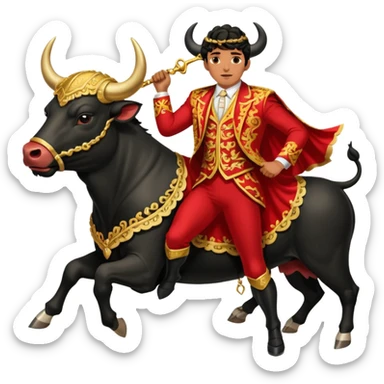 Create a realistic image of a traditional bullfighting scene in a Spanish arena.
Show a bullfighter (matador) in an ornate, gold-trimmed suit holding a red cape (muleta) as a powerful black bull charges toward it. sticker