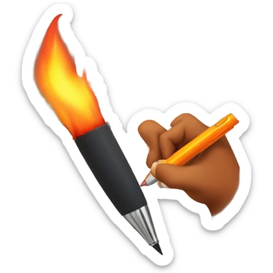 A hand holding a pen and writing with flames coming from the paper sticker