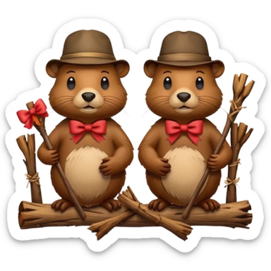 add a bow on the head of one beaver with another beaver without a bow on its head in a lodge of sticks and logs sticker