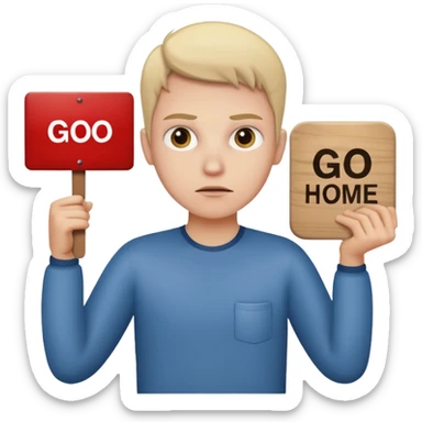 A white person holding a sign that says go home sticker
