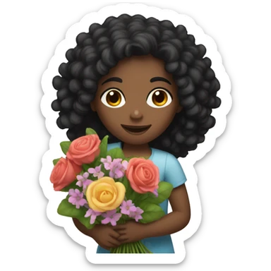 A black curly haired girl holding a bouquet  sticker