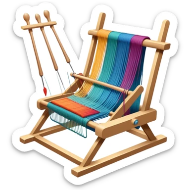 Weaving icon, loom with threads in various colors, visible shuttle, spools of yarn, and weaving tools in progress, fabric being woven, minimalistic style, clean lines, transparent background. sticker