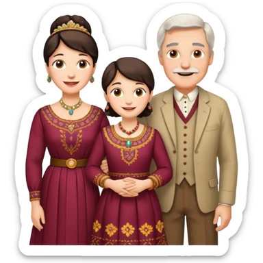 Indiana family with a 70 years old father and mother and a 40 years old daughter. They wear a traditional dress. They are smiling. sticker