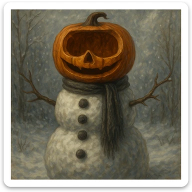 Change the snowman's head to a hollowed-out pumpkin while keeping the body like a classic snowman. Render in a detailed and artistic style. Keep the background as is. sticker