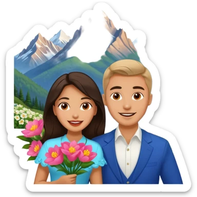 Excited Couple traveling  russian man and elegant  Latina girl delicate flowers and mountains in the background  sticker